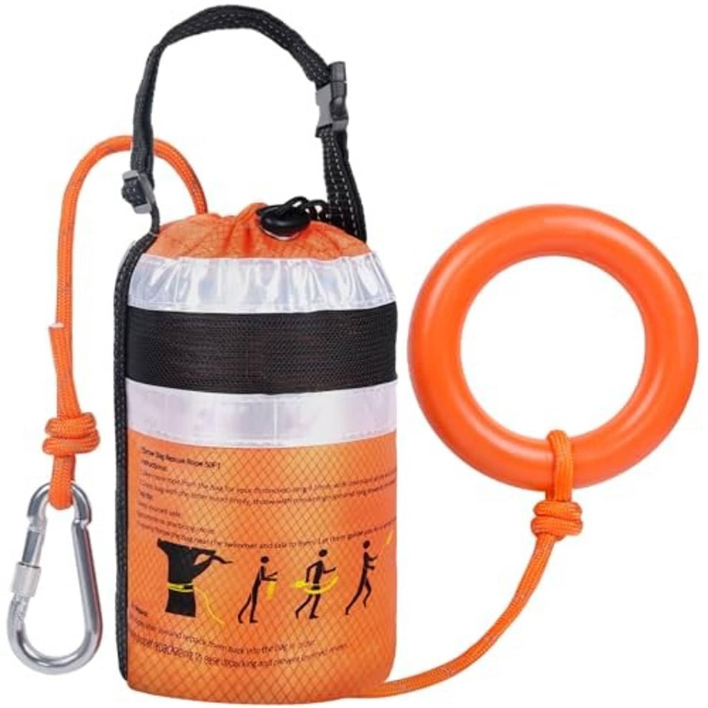 Orange and black water rescue throw bag with reflective bands and orange float/grab ring