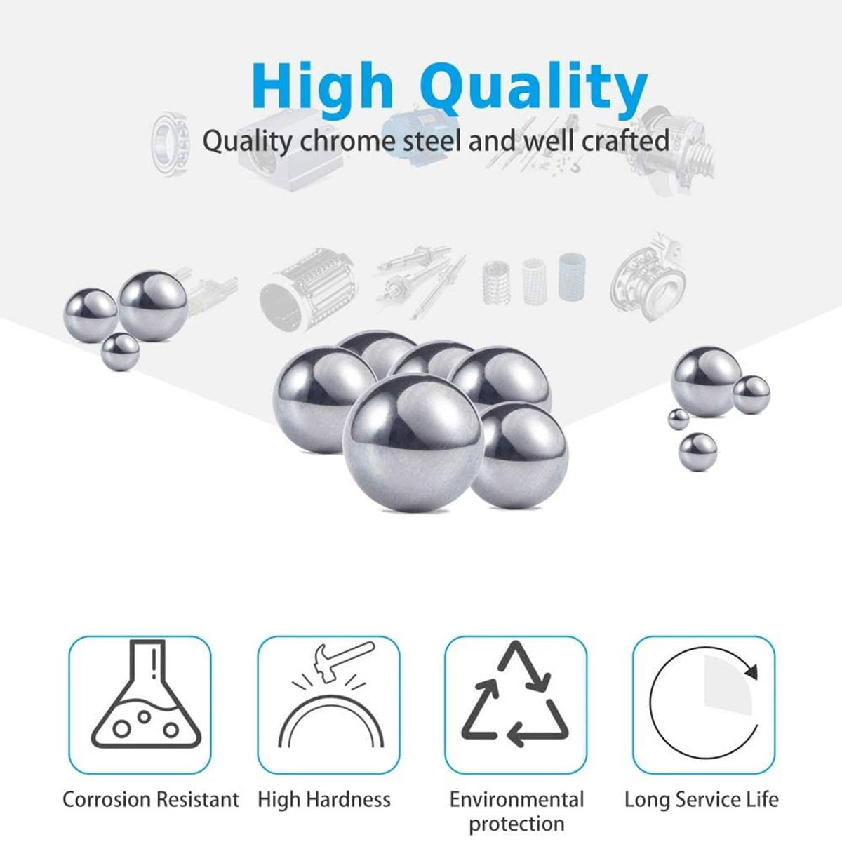 Set of chrome steel bearing balls, multiple dark-silver spheres and small balls