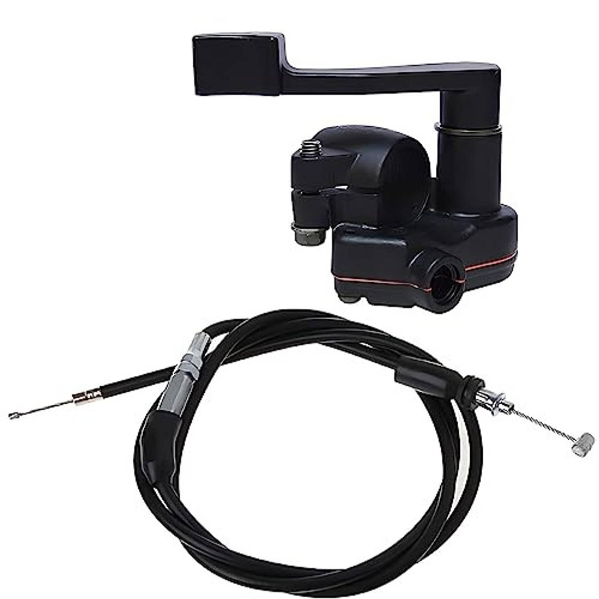 Black throttle cable handle assembly with curved lever and control housing