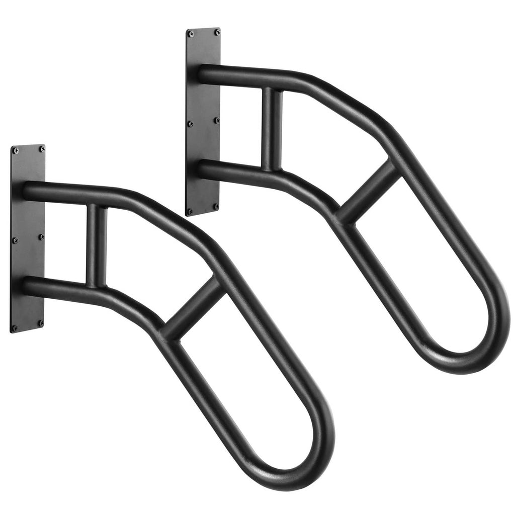 Pair of matte black curved wall grab bars with rectangular mounting plates