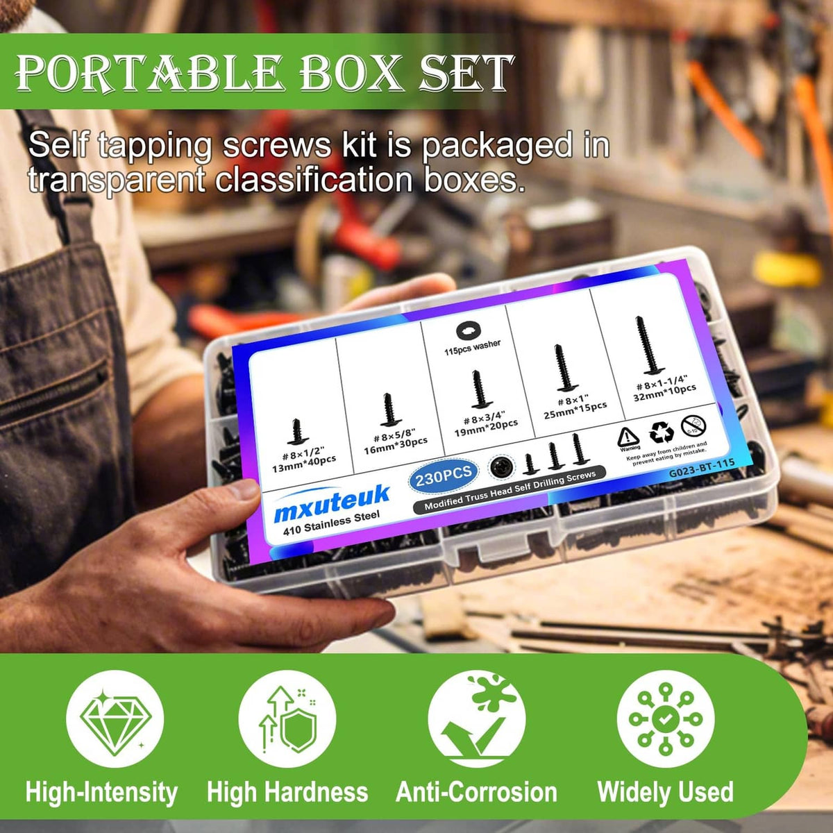 Portable transparent box set of black self-tapping screws with star-drive heads