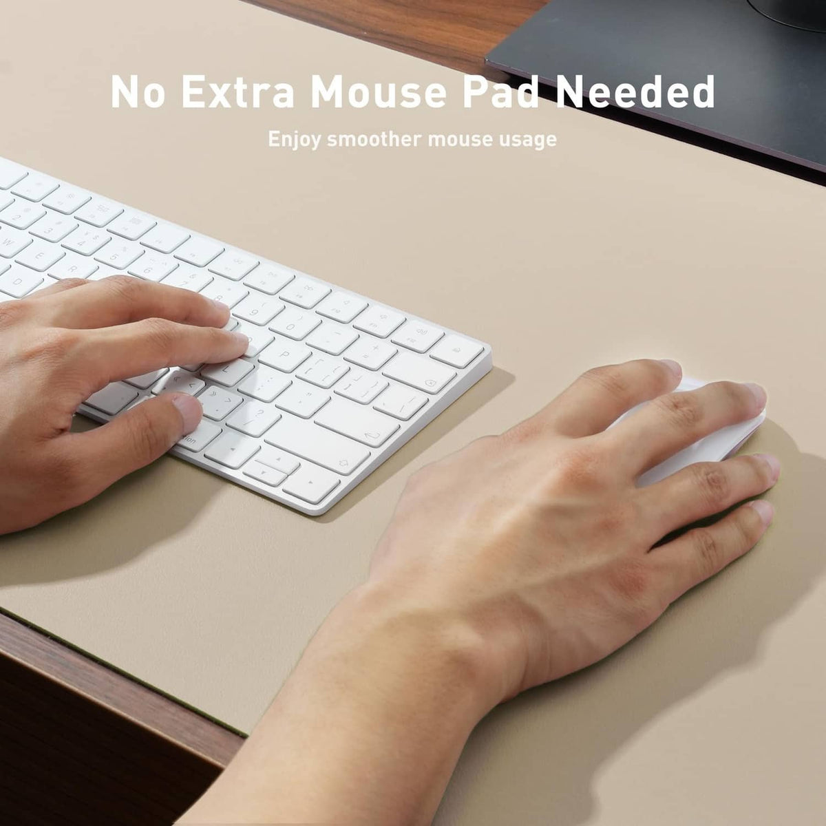 Beige desk pad protector being wiped clean with a cloth