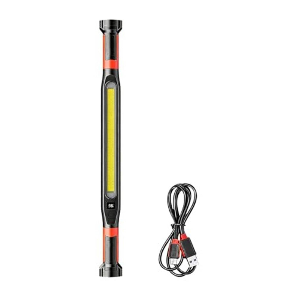 Rechargeable LED work light bar with USB cable, red and black flashlight body