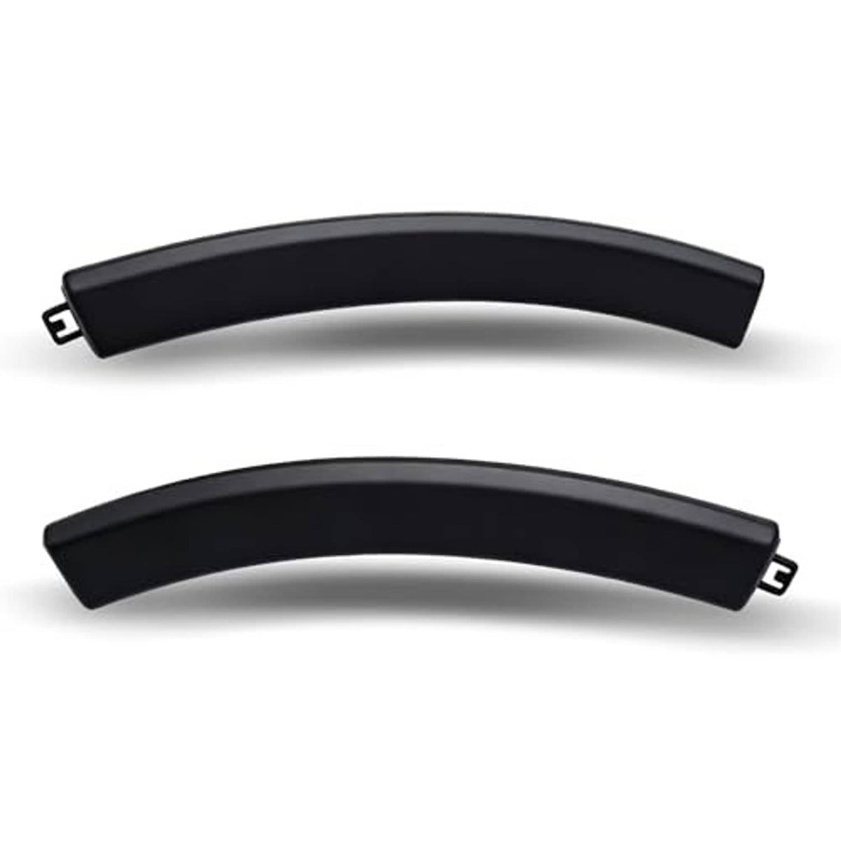 Two black curved bumper filler trim pieces with rectangular mounting tabs