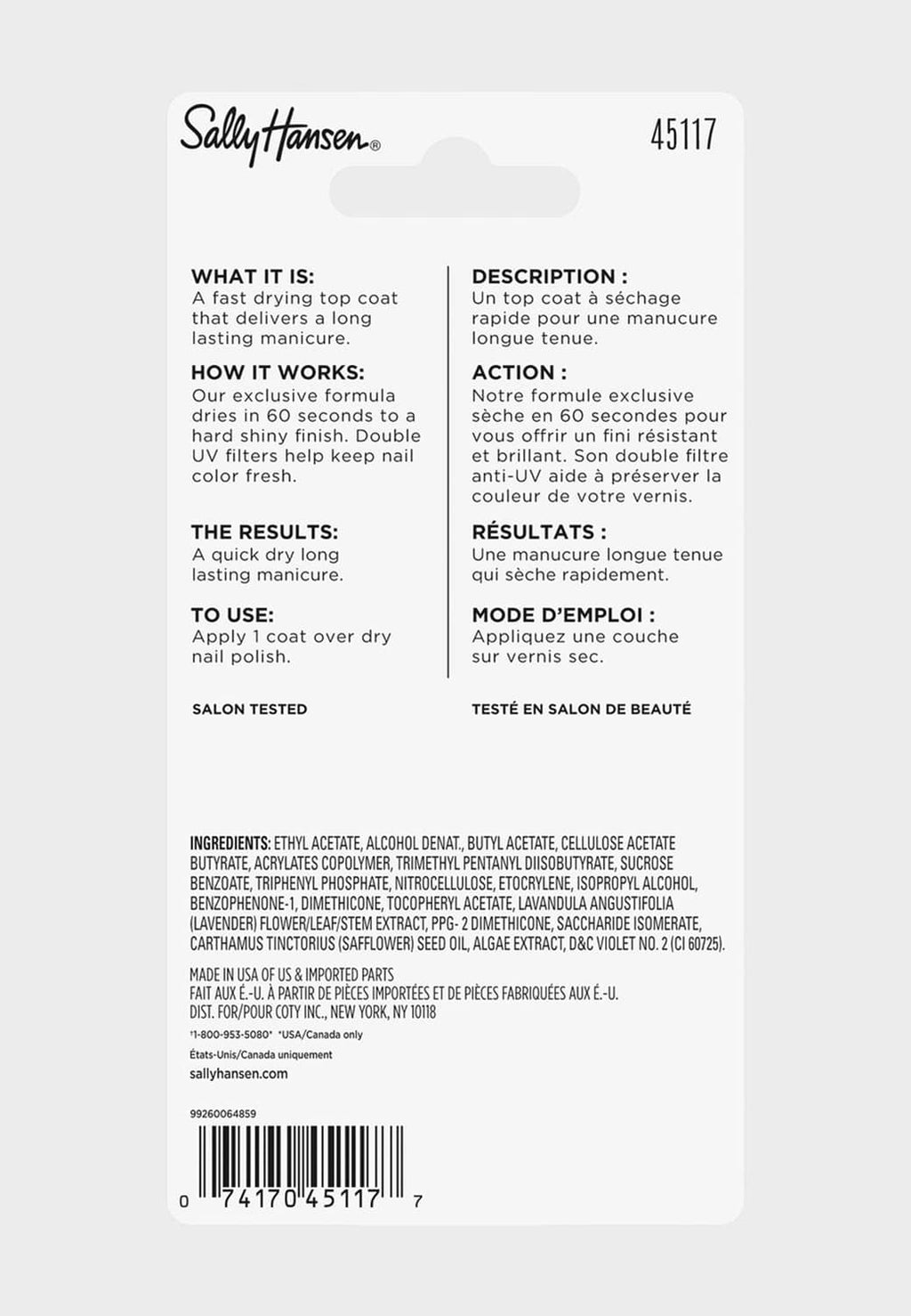 Top coat product label card with ingredient and usage text, Sally Hansen Insta-Dri