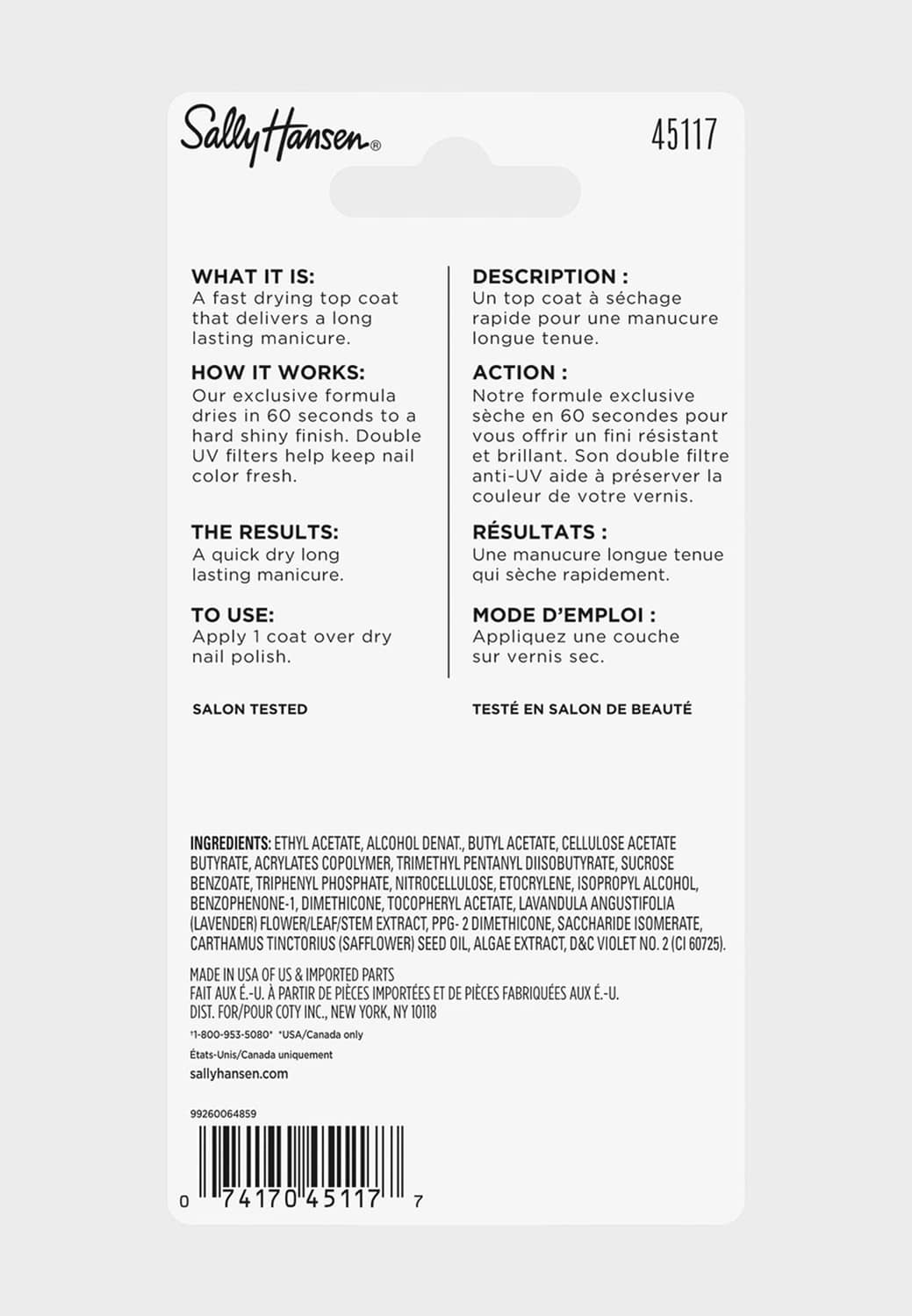 Top coat product label card with ingredient and usage text, Sally Hansen Insta-Dri