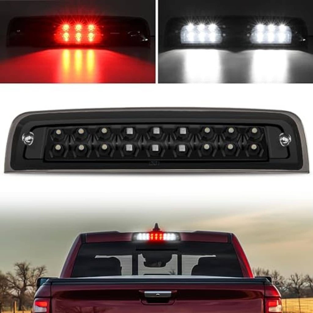 Third brake light LED bar with smoked lens, mounted on truck rear with red LEDs lit