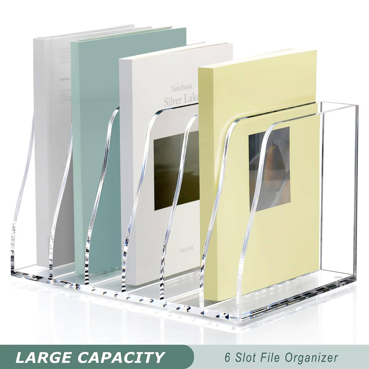 Clear acrylic 6-slot file organizer with arched handles; pastel cover folder set