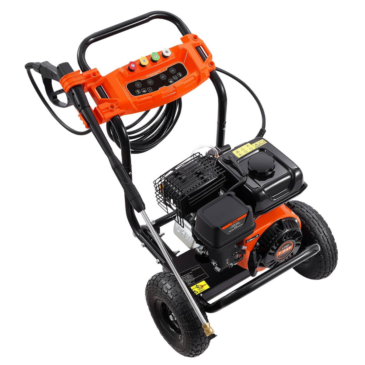 Orange-and-black gas pressure washer with handle, coil hose, and engine housing