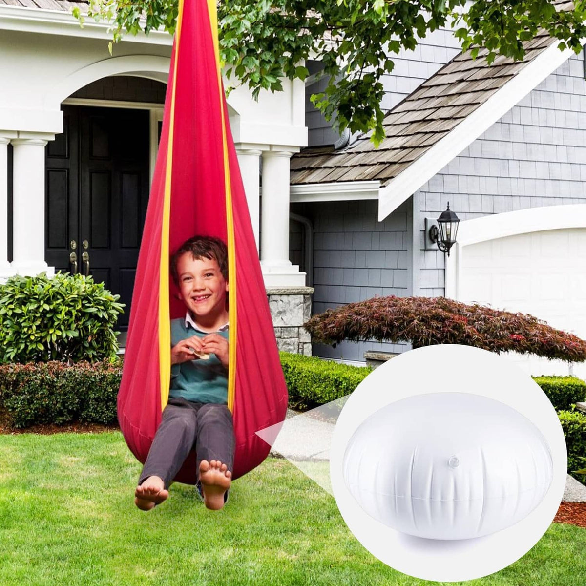 Red hanging hammock swing with white inflatable pod chair cushion insert