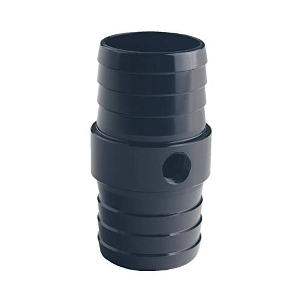 Black stepped hose adapter with circular opening and side port hole