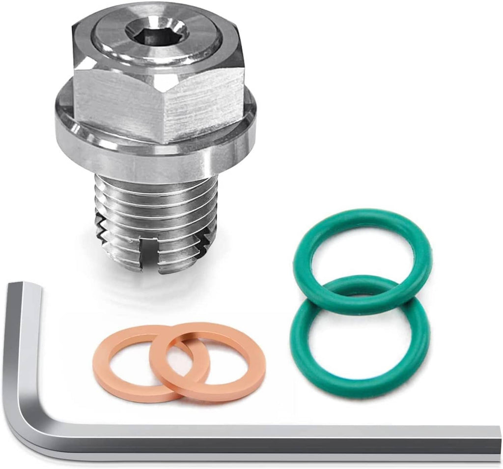 Stainless oil drain plug self-tapping repair kit with L wrench and green and copper gaskets