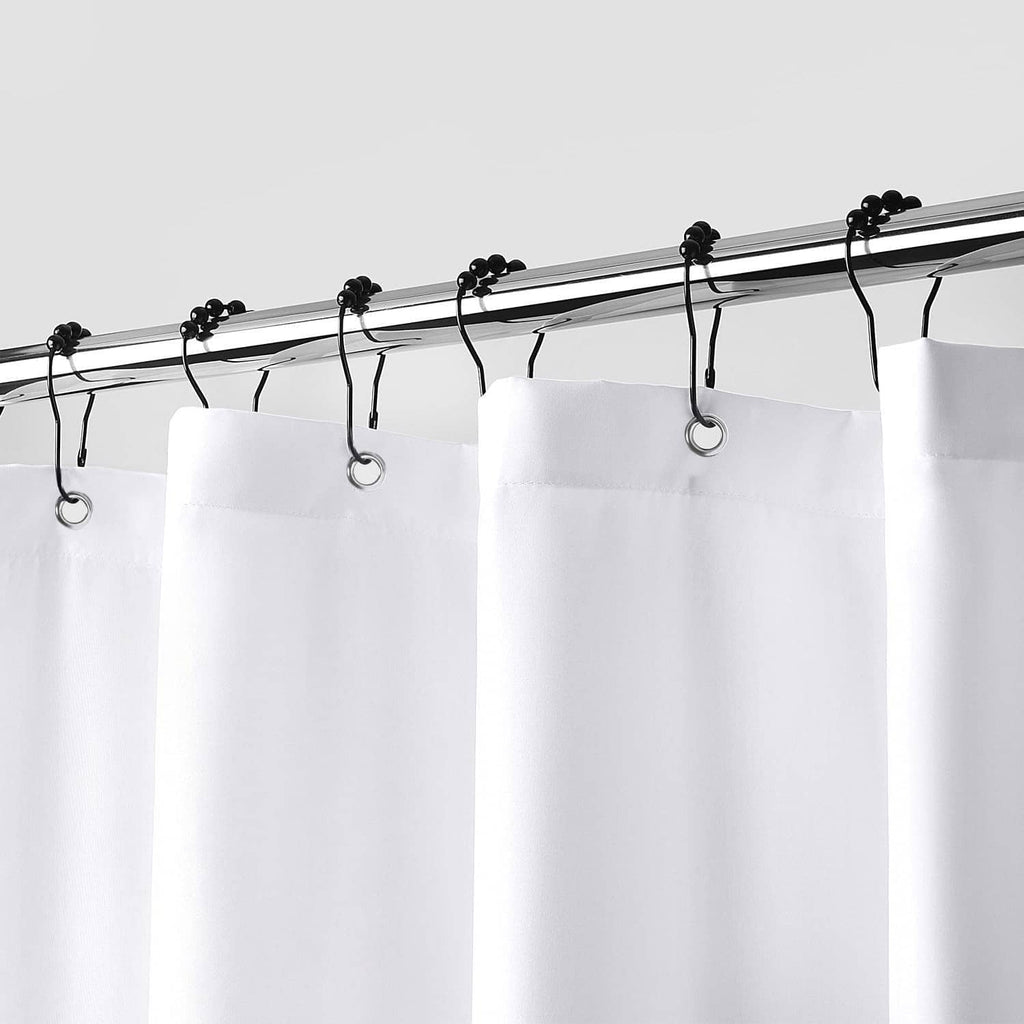 White waterproof-style shower curtain liner with metal grommets and hanging rings