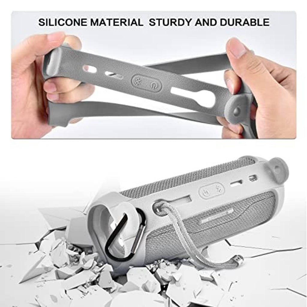 Gray silicone speaker case with reinforced handle loops and cutout ports