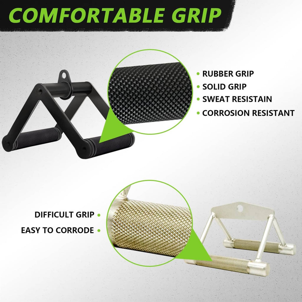 Black double D row handle V bar cable attachment with textured rubber grips