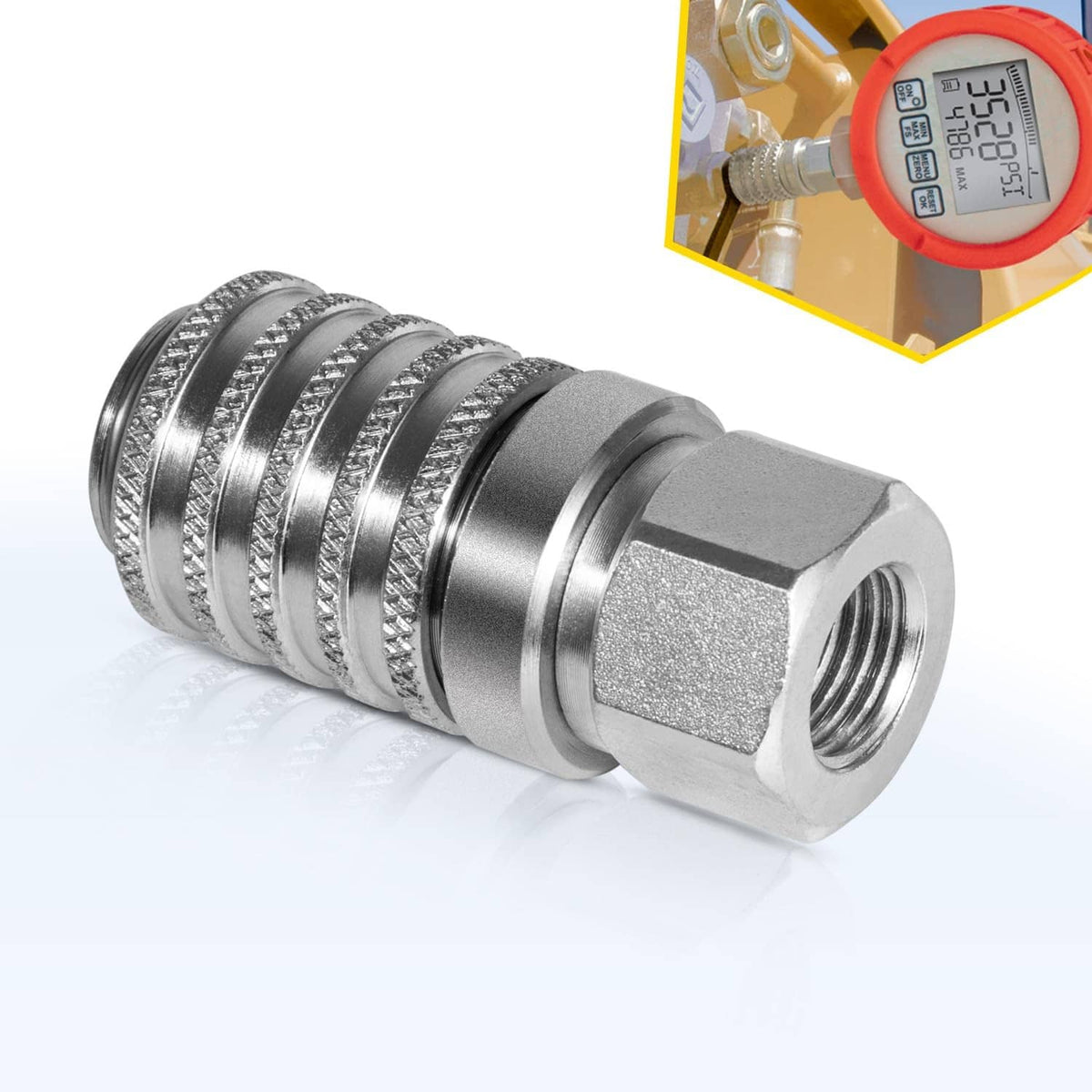 Silver steel test port quick coupler with hex fitting, knurled sleeve, and threaded end
