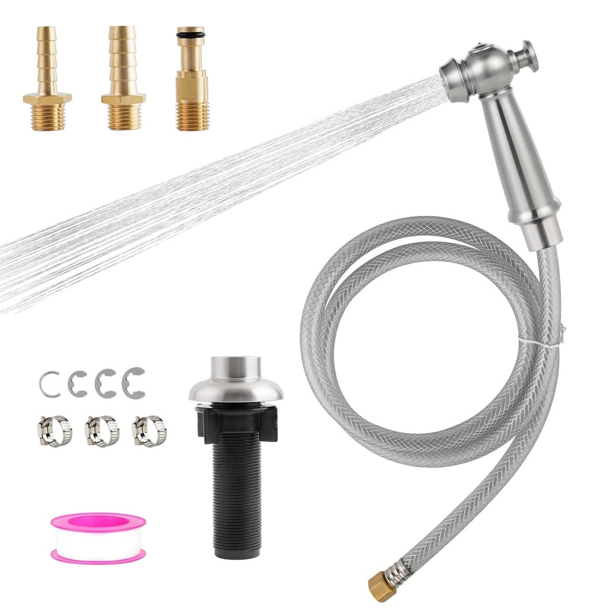 Brushed nickel kitchen sink sprayer with gray braided hose and threaded adapters