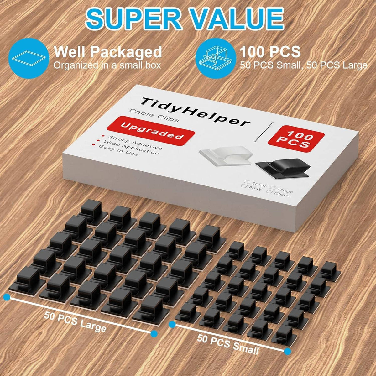 100-piece adhesive cable clip set box with small and large black clips