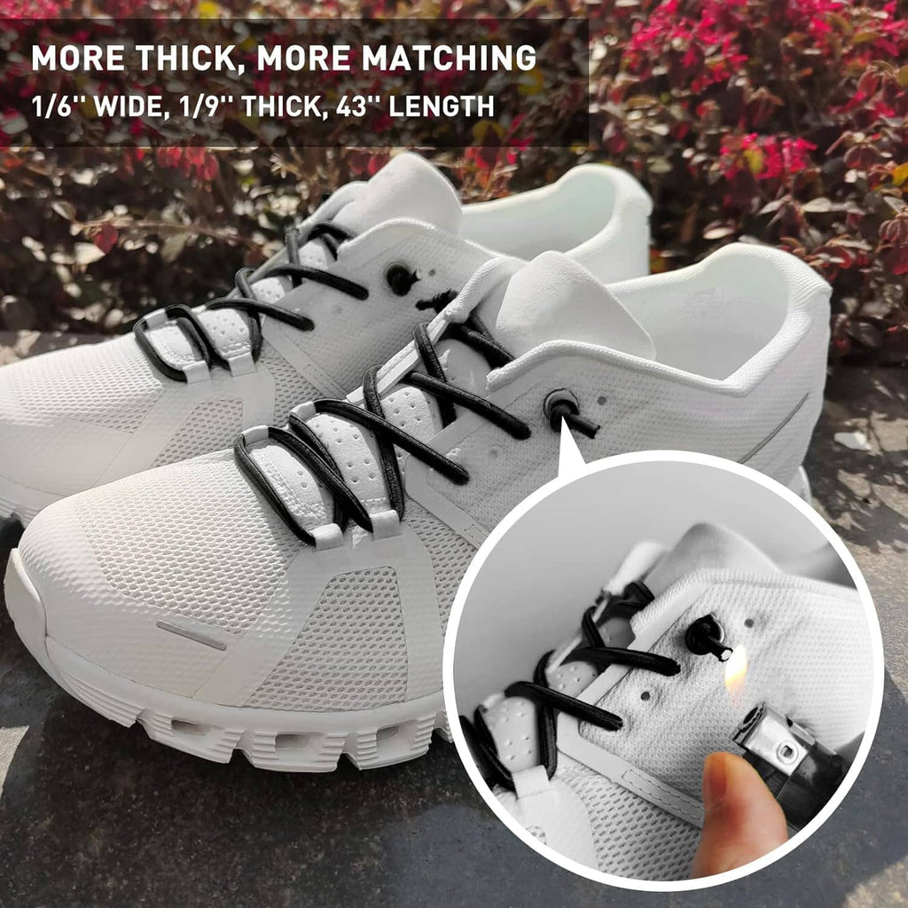 Thick elastic shoe laces on white sneakers with round-oval buckle-like lace holders