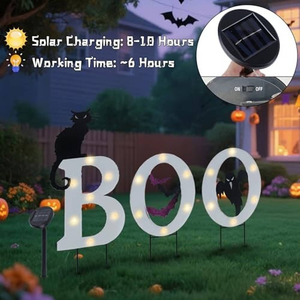 Outdoor BOO solar yard signs with attached solar panel and bright LED oval halos