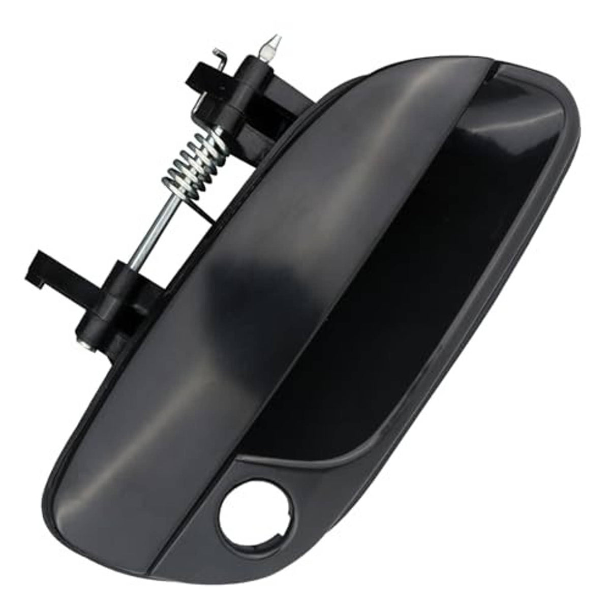 Passenger-side exterior door handle in dark gray/black with spring and mounting clips