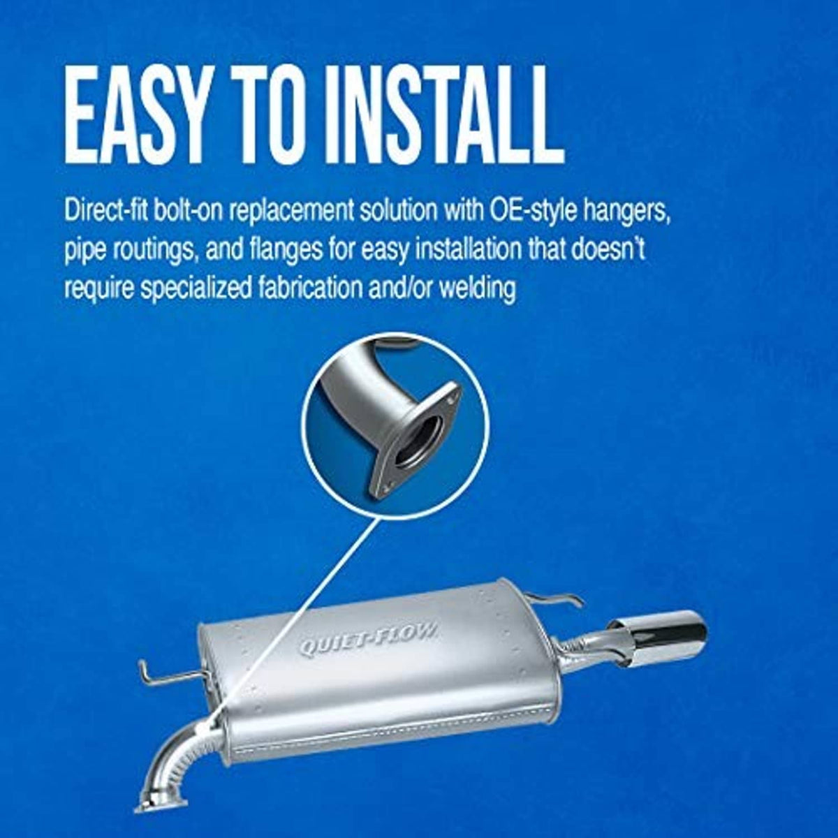 Stainless steel muffler assembly with mounting flange and outlet pipe.