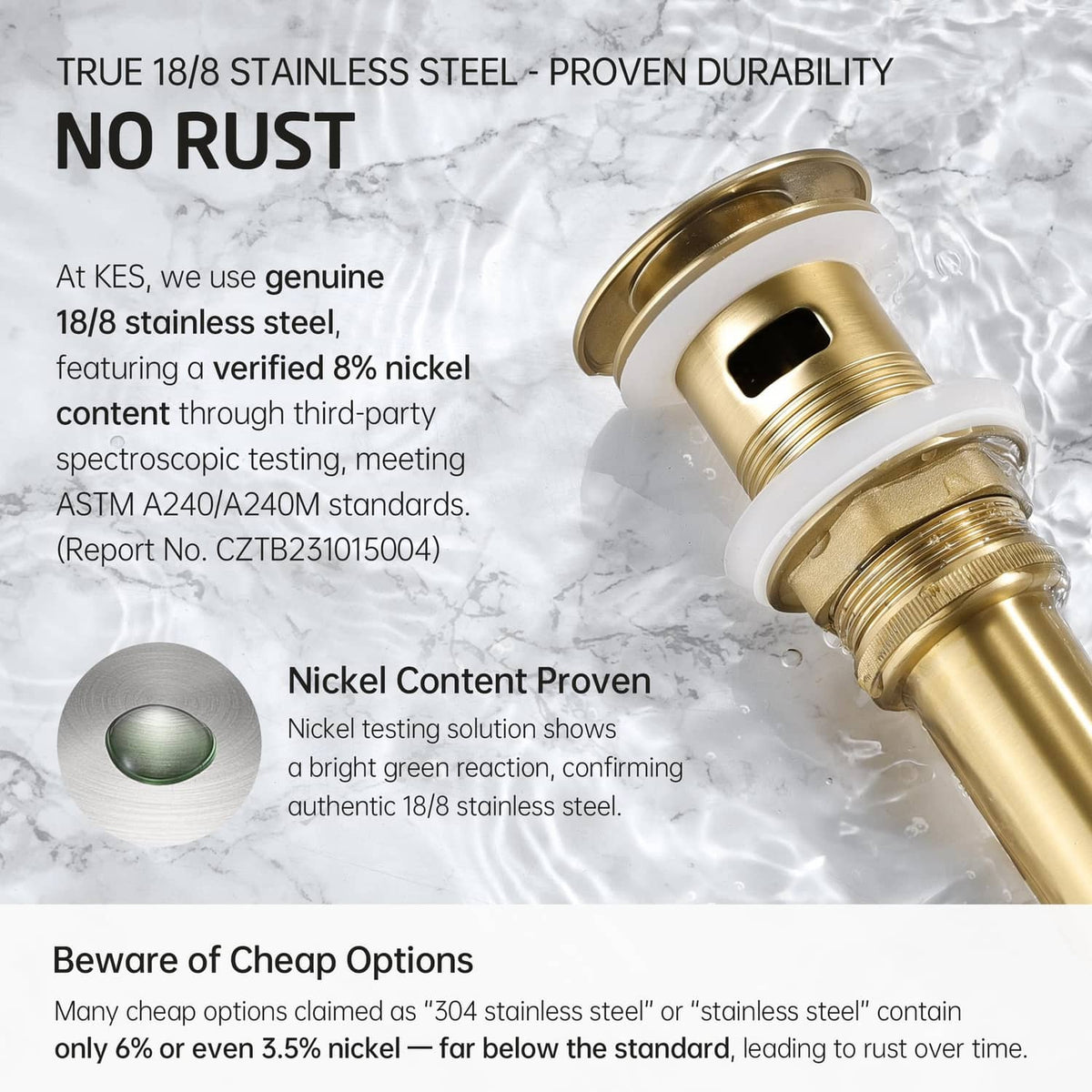 Brushed gold pop-up sink drain made from 18/8 stainless steel, no rust