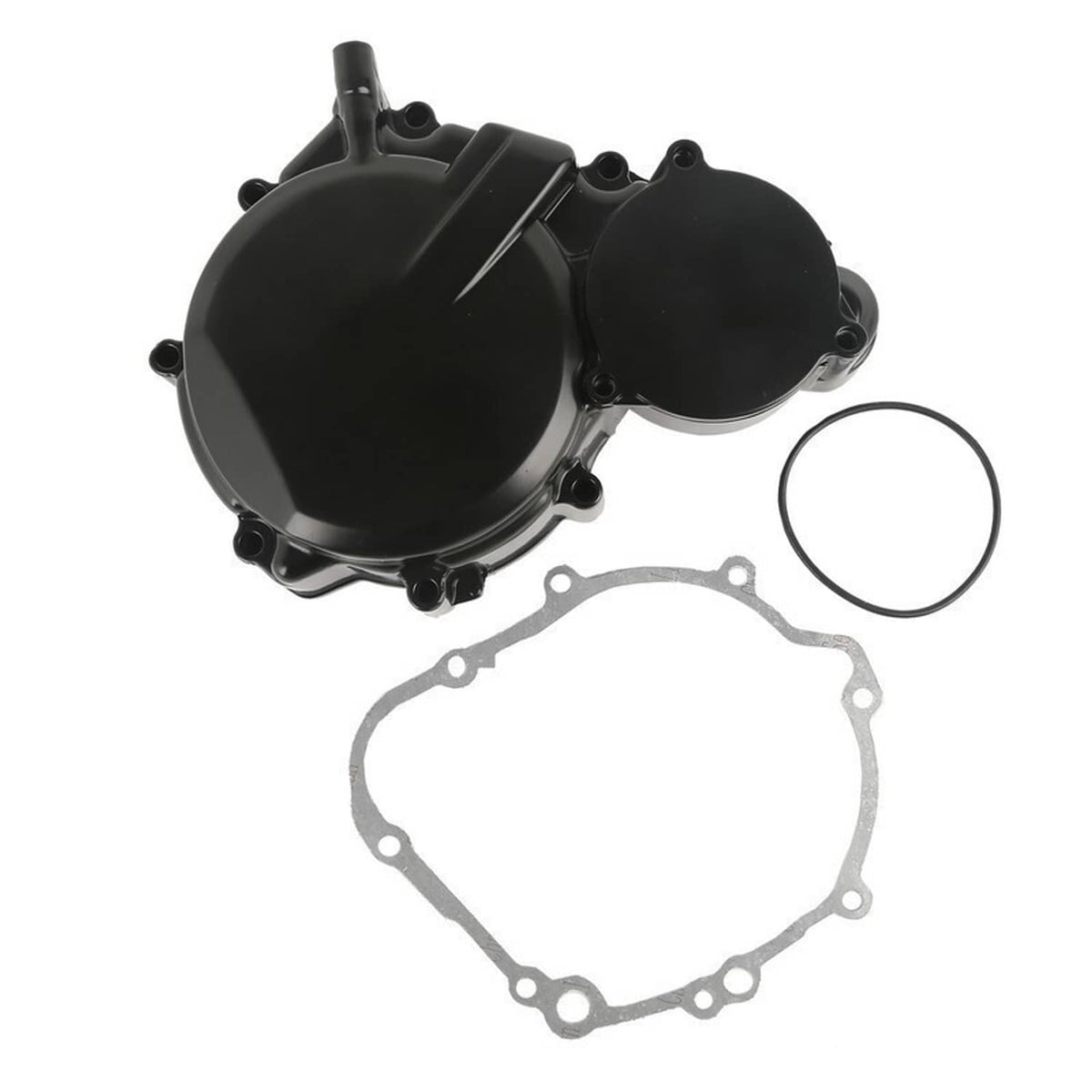 Black engine stator cover with circular cap, gasket, and O-ring