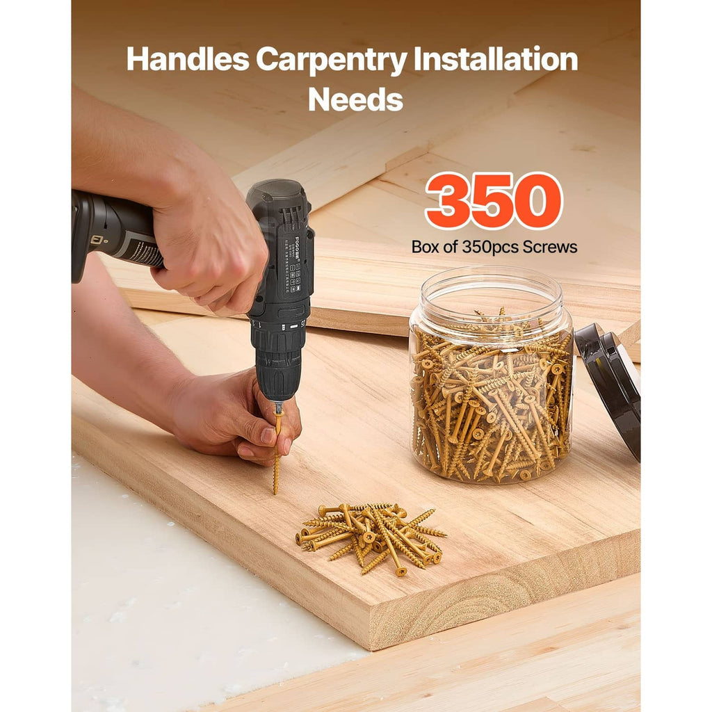 Wood screw set, 350 pcs in a jar, shown with a drill for installation
