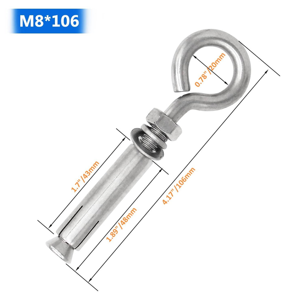 Stainless expansion eye bolt anchor with threaded screw and U-shaped eye