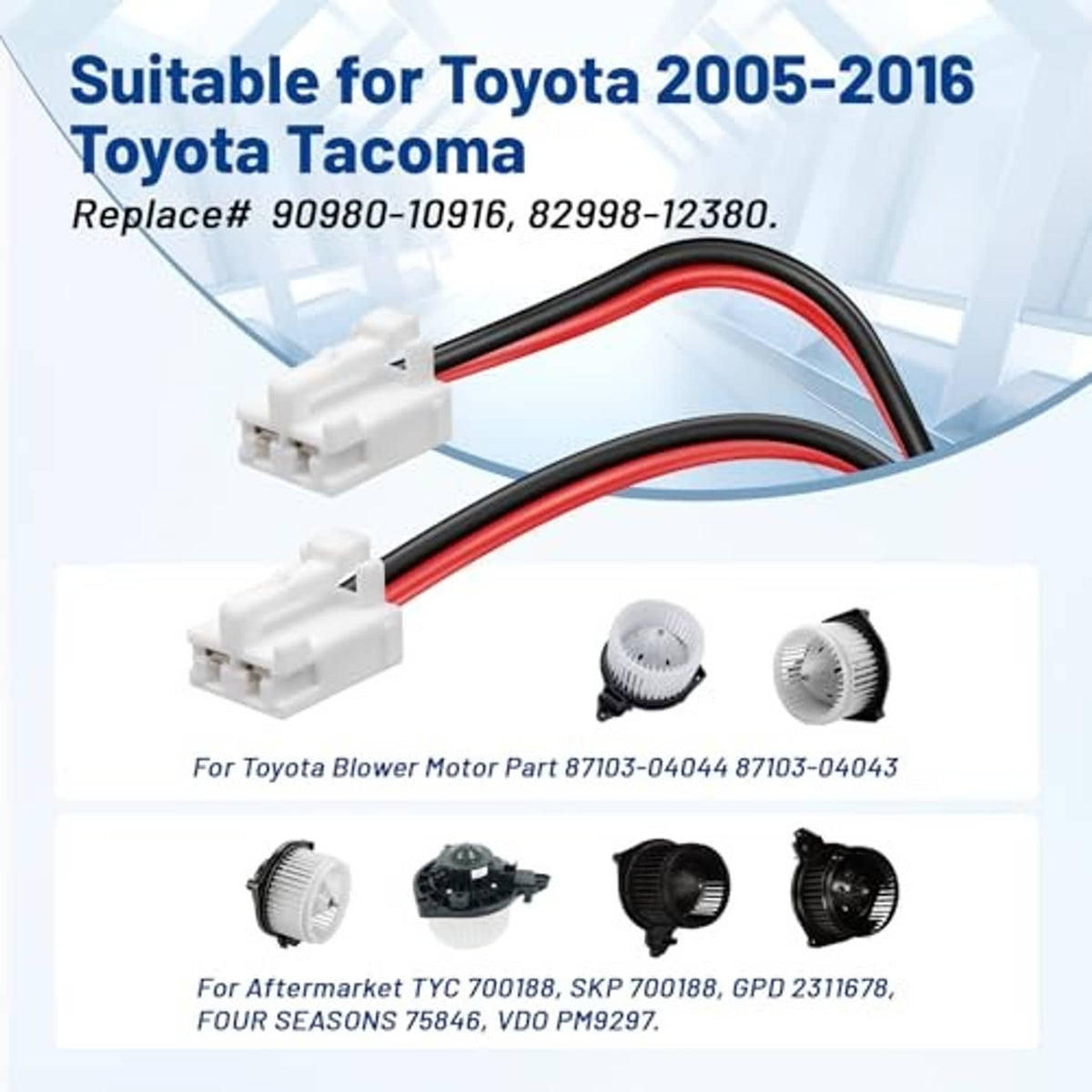 Blower motor connector harnesses with white 2-pin plugs and red/black wire leads