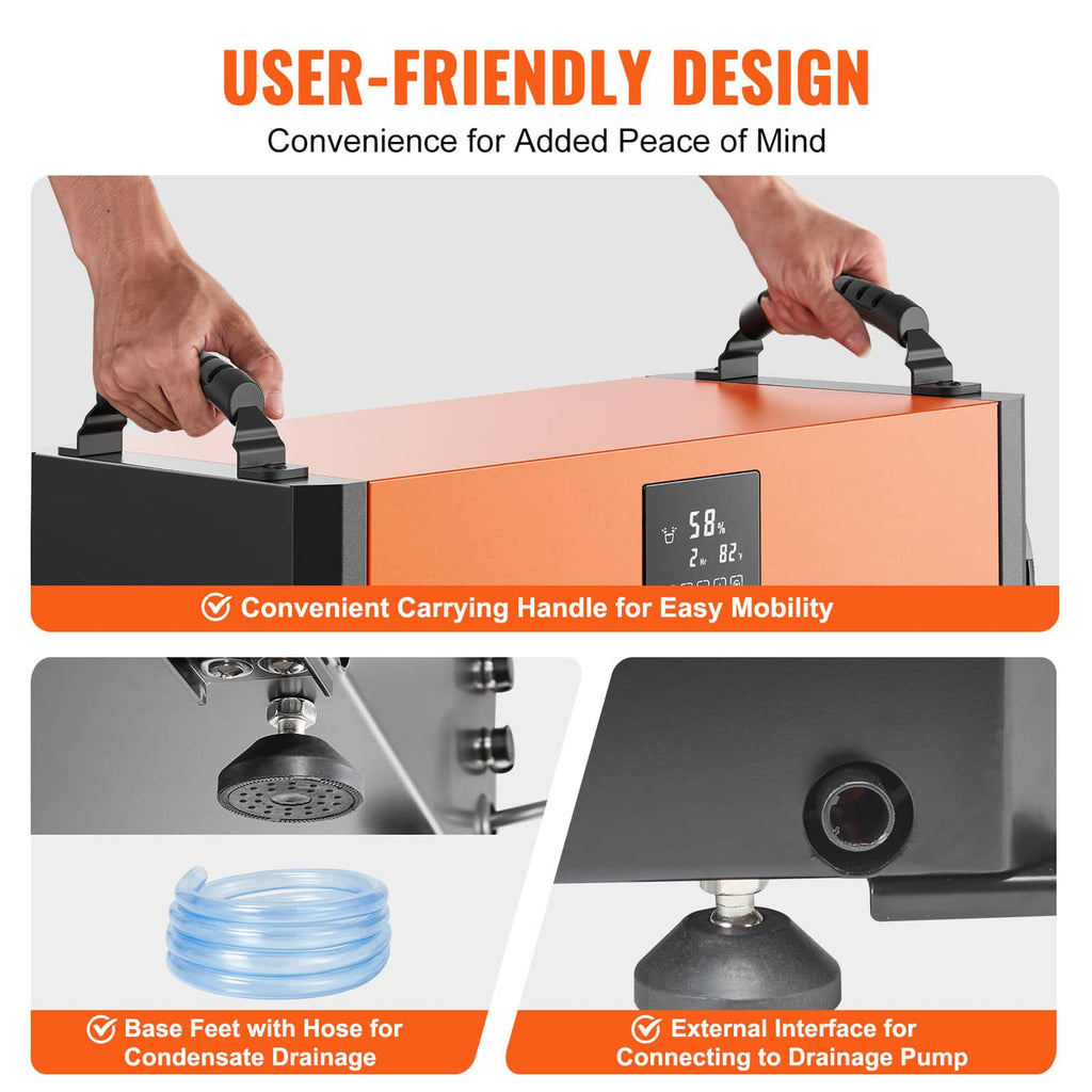 Commercial dehumidifier with carrying handle, LED display, and pump drain hose connection