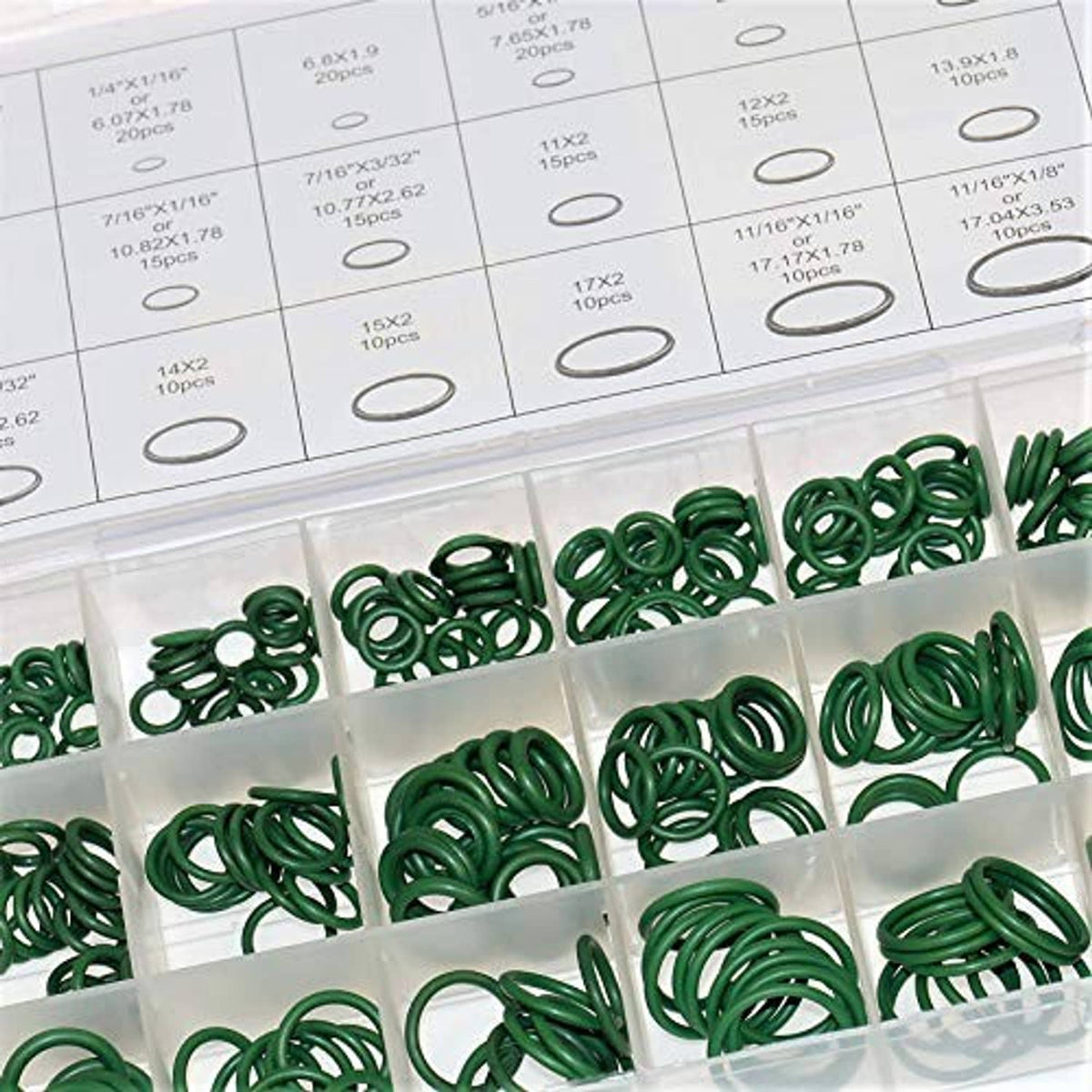 Car A/C O-ring assortment in divided tray, green O-rings on white storage labels