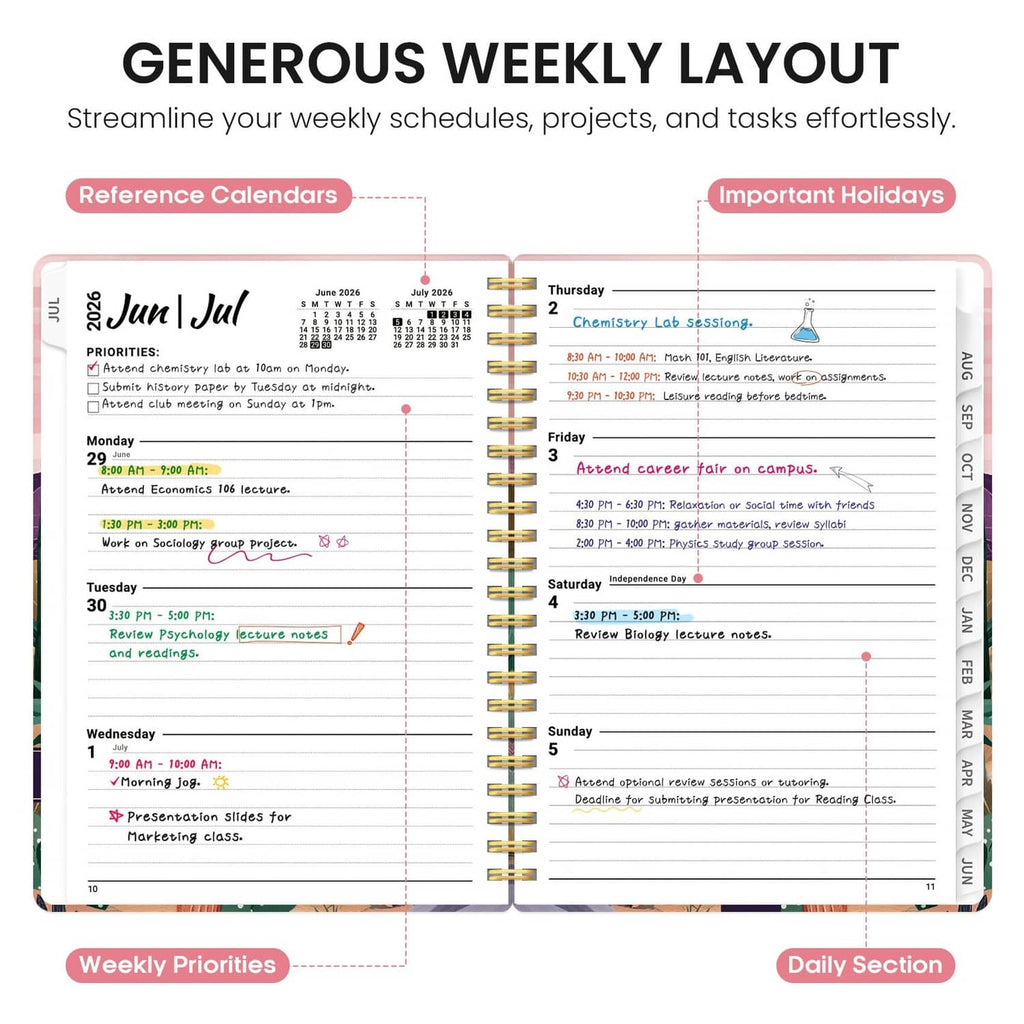 Open weekly layout planner pages with daily sections and holiday highlights