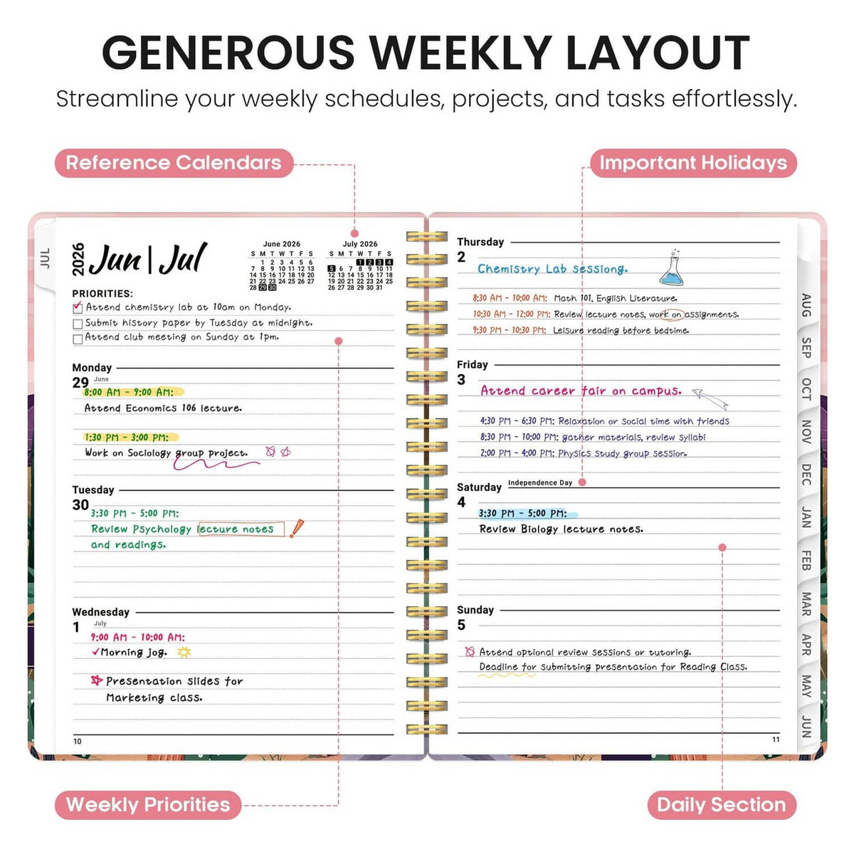 Open weekly layout planner pages with daily sections and holiday highlights