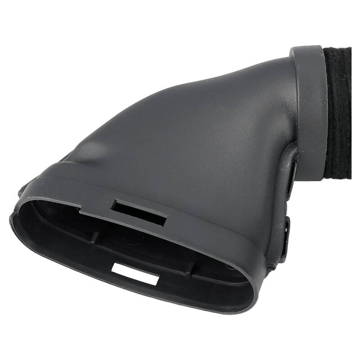 Black air intake hose intake housing with mounting clip and rubber seal