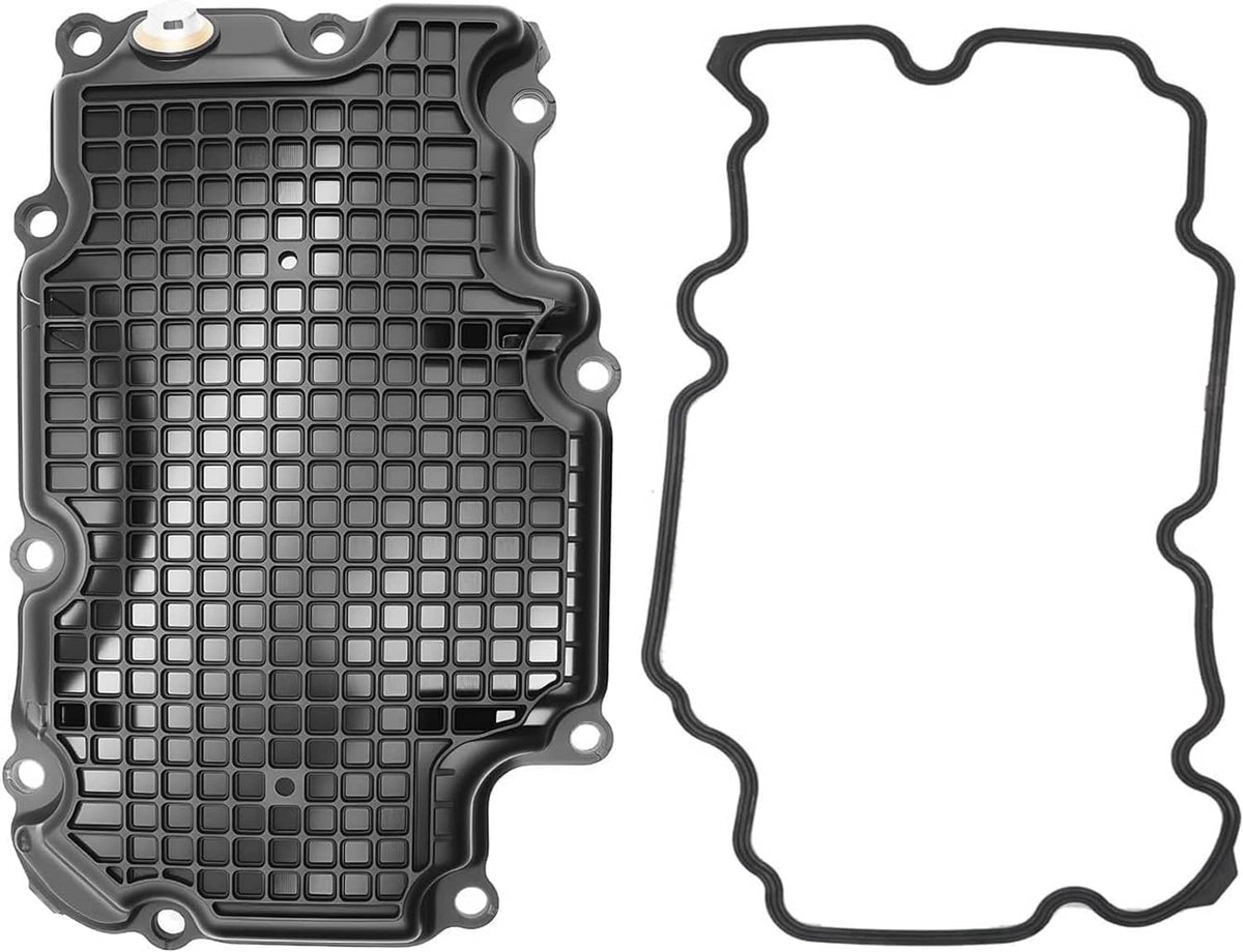 Engine oil pan with gasket, black plastic pan and matching rubber gasket piece