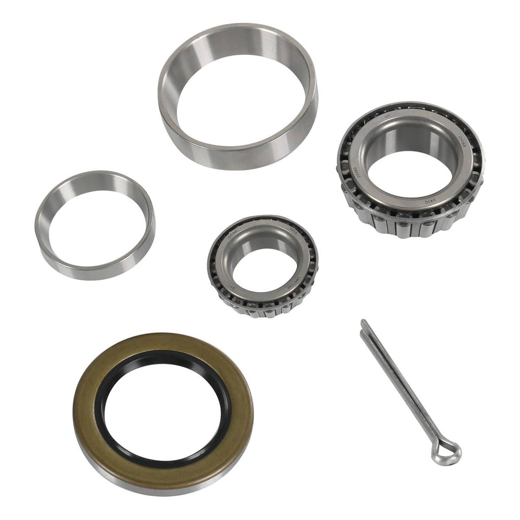 Bearing axle kit with two bearings, two races, a grease seal ring, and cotter pin