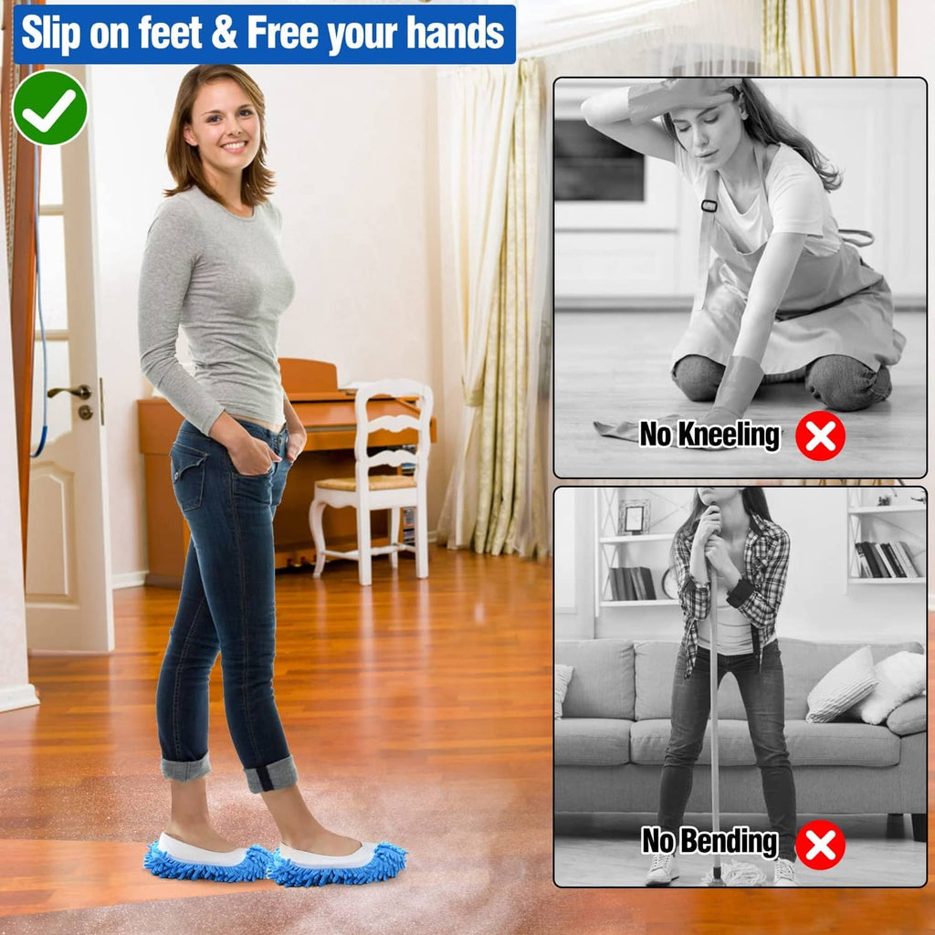 Blue microfiber mop slippers worn over shoes for easy floor mopping