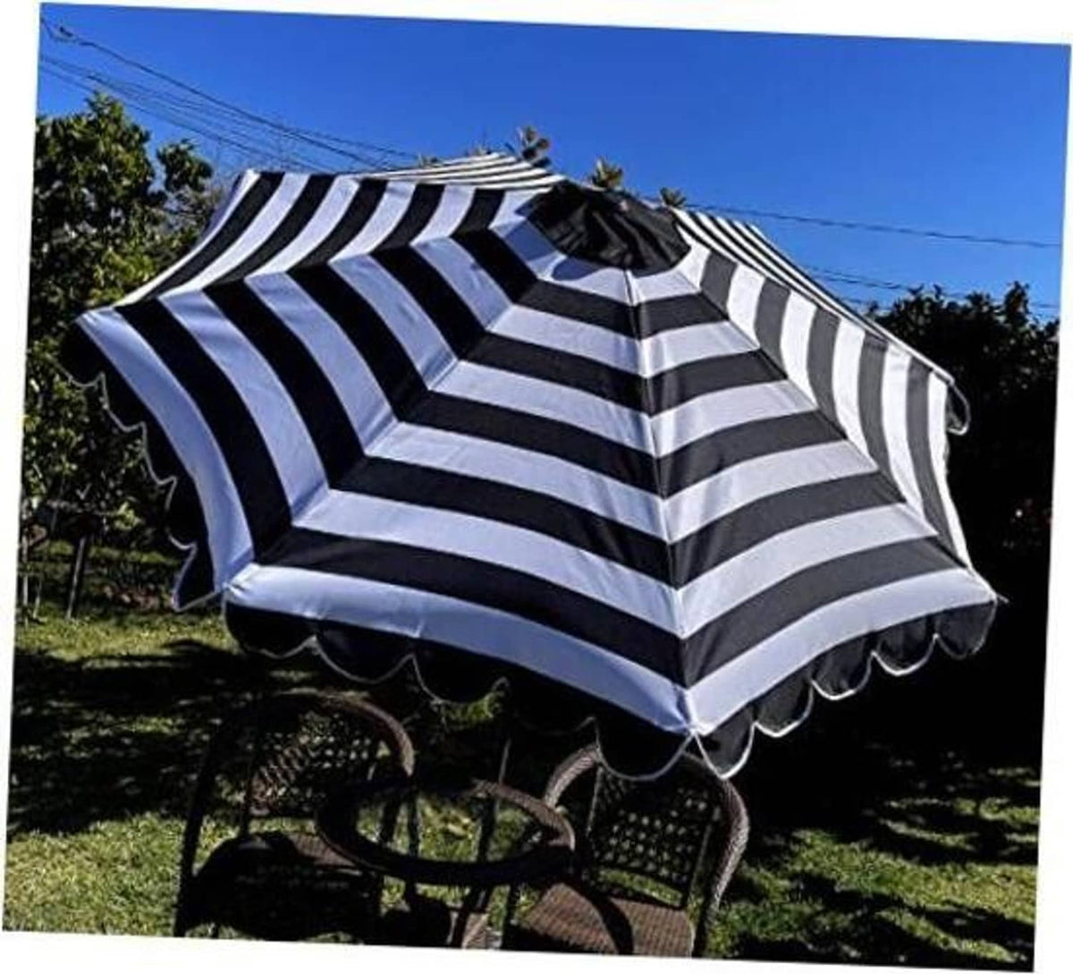 Black and white striped umbrella canopy with scalloped edge replacement cover