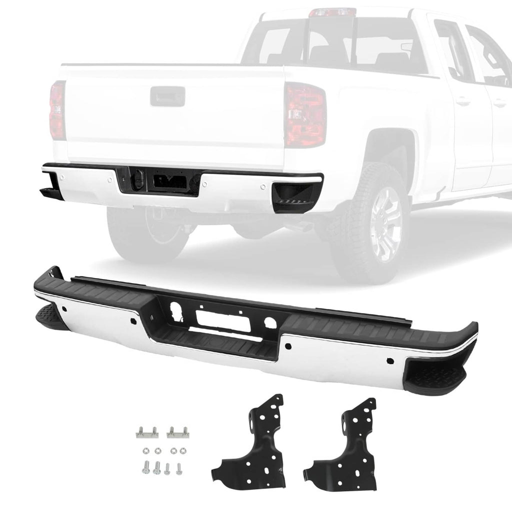 Rear step bumper kit with black textured trim, sensor holes, and mounting hardware