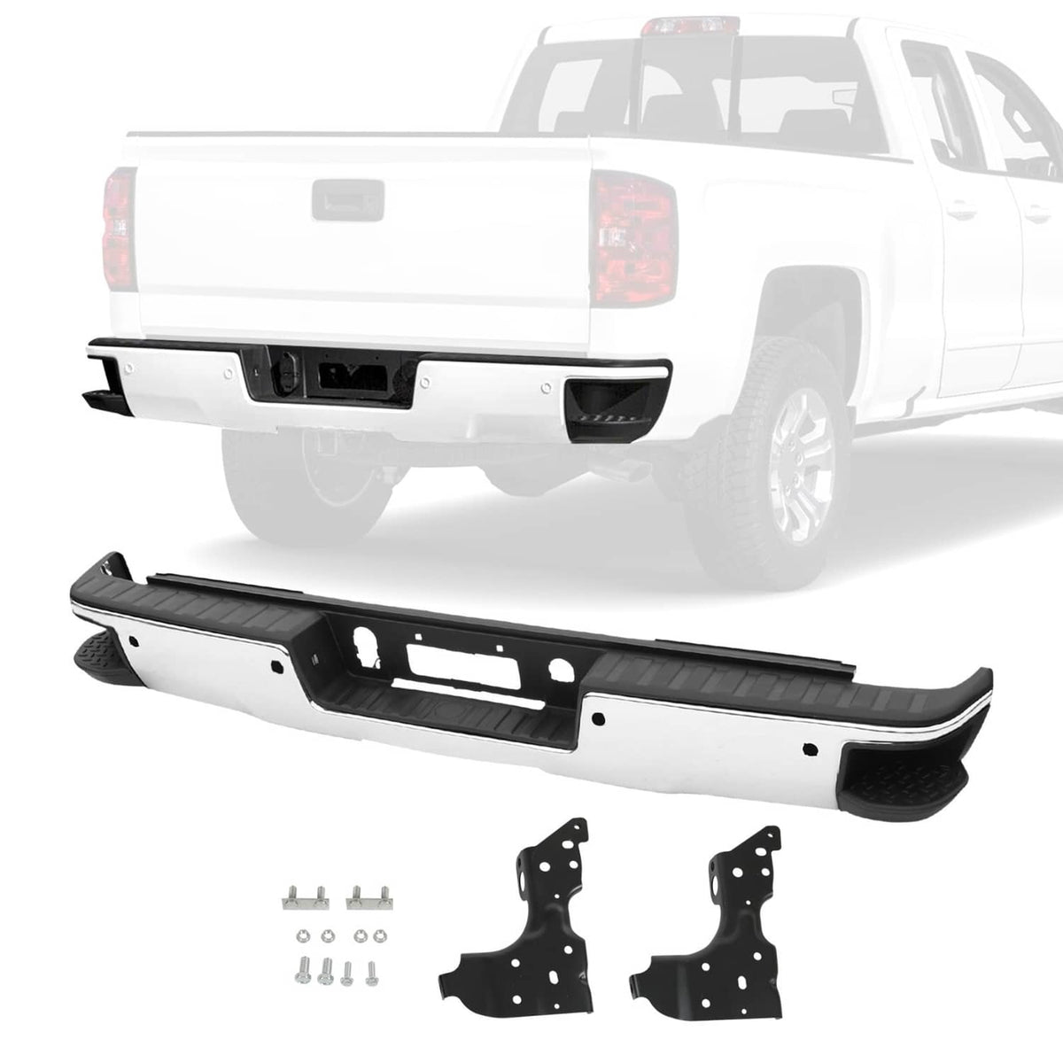 Rear step bumper kit with black textured trim, sensor holes, and mounting hardware
