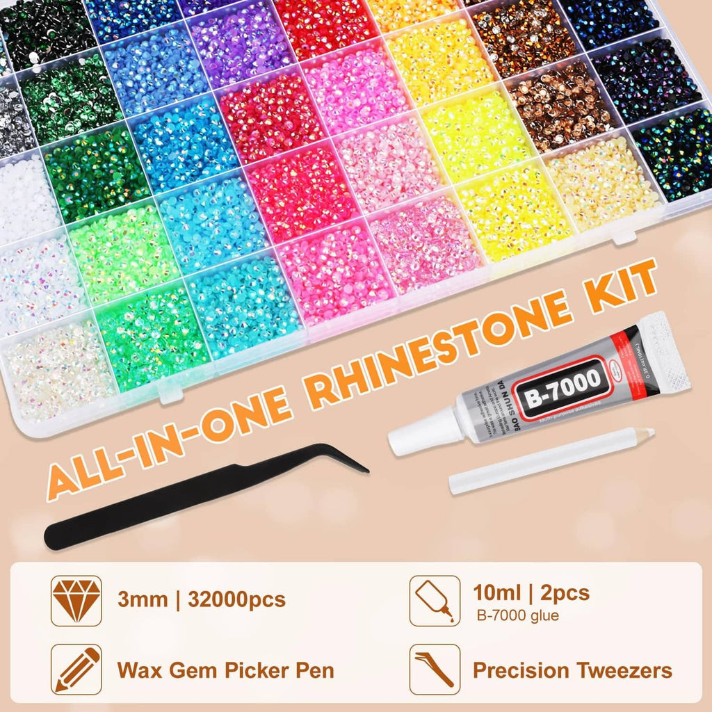 All-in-one rhinestone kit: clear tray of 3mm multicolor gems plus glue tube and picker pen