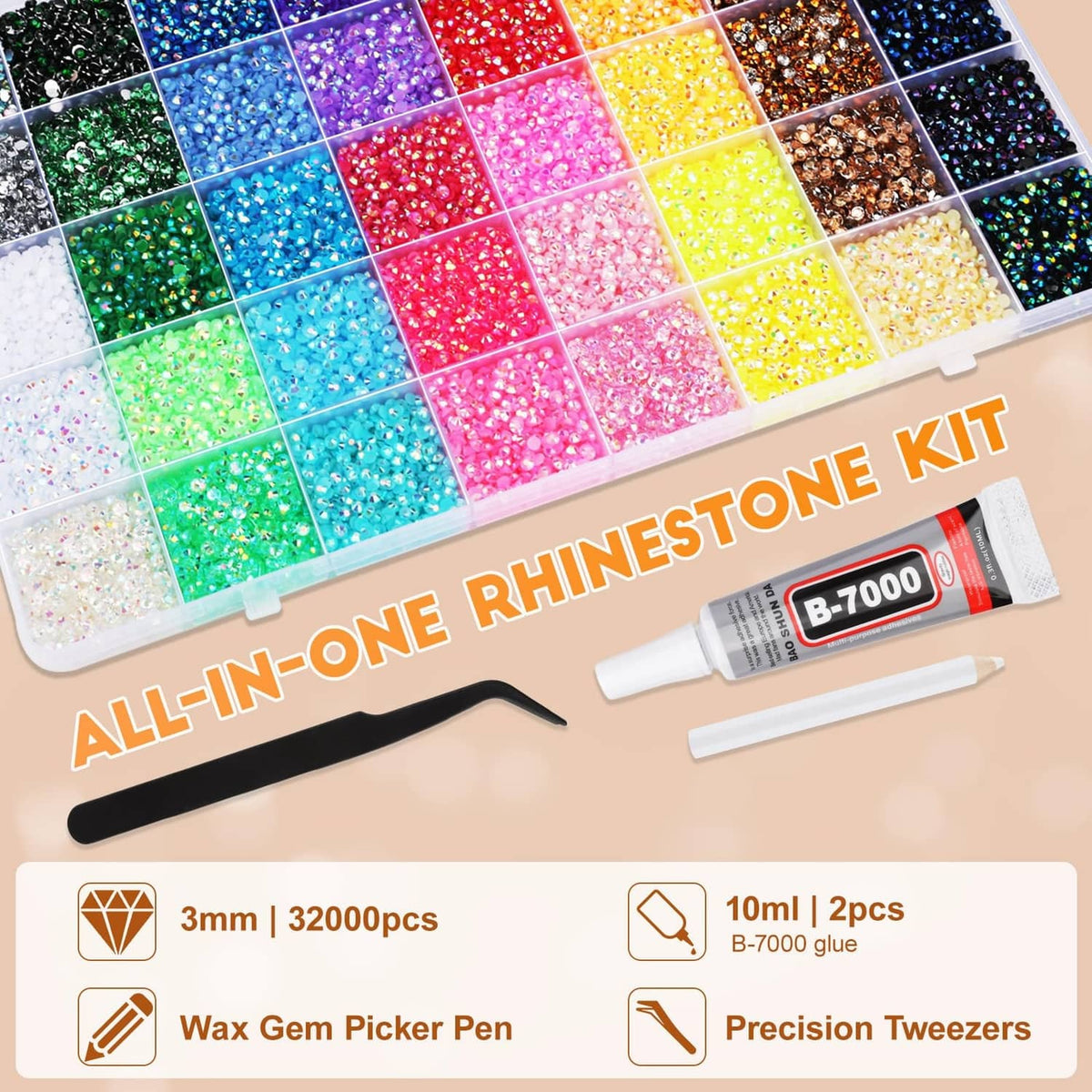 All-in-one rhinestone kit: clear tray of 3mm multicolor gems plus glue tube and picker pen