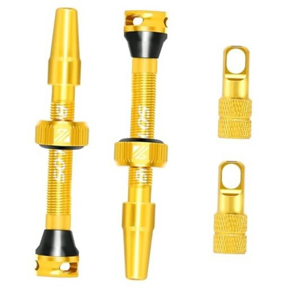 Gold Presta tubeless valve stem kit with two stems and two threaded valve caps.