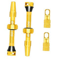 Gold Presta tubeless valve stem kit with two stems and two threaded valve caps.