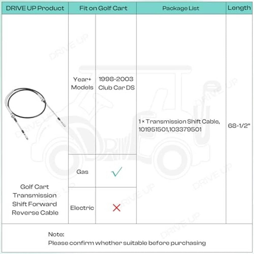Transmission shift cable product listing with small cable icon and spec table