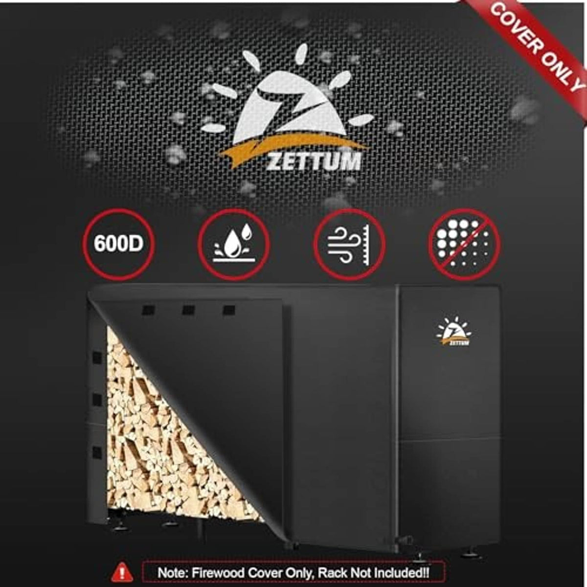 Black 600D firewood rack cover with protection features shown in icon badges