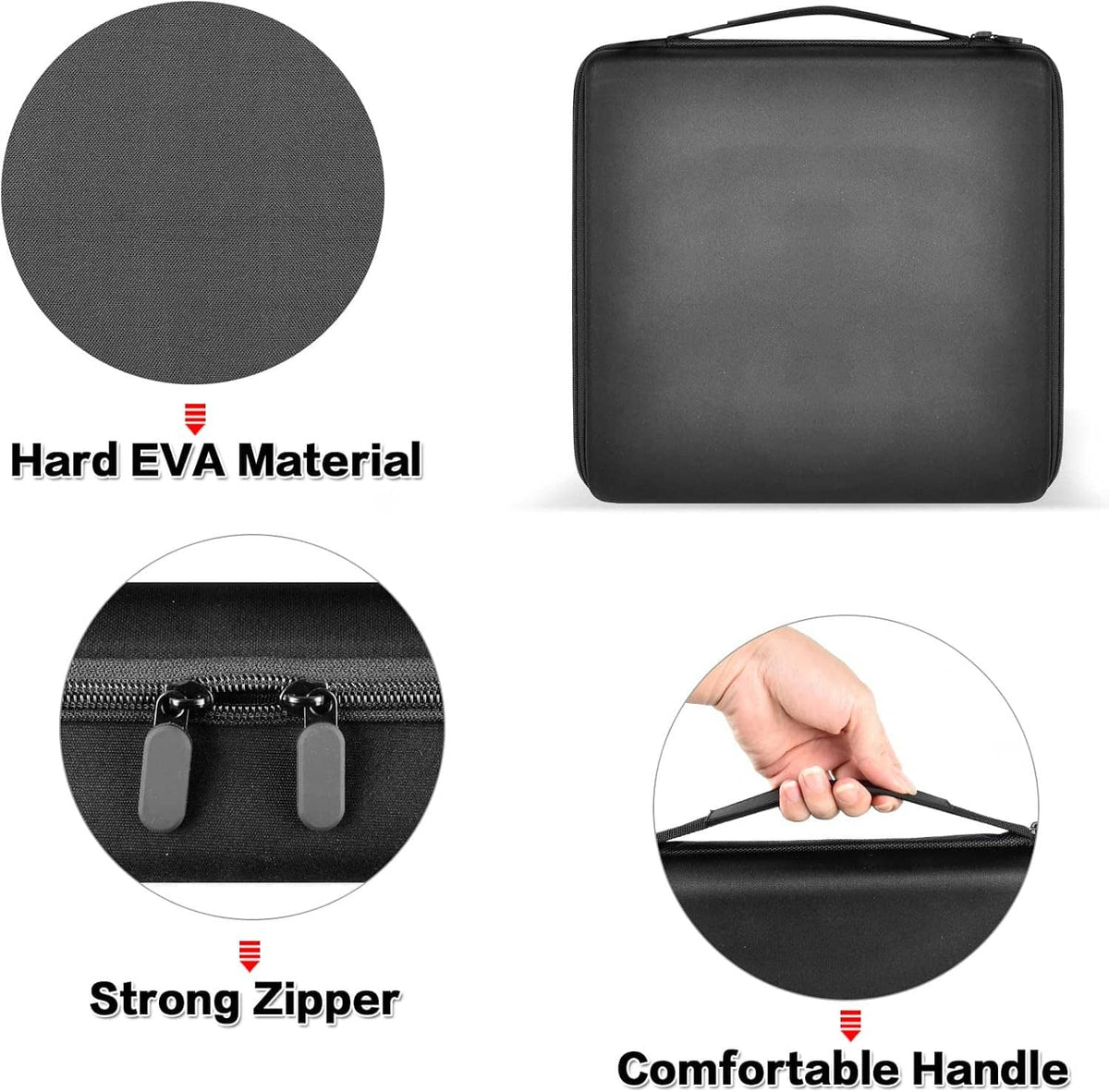 Black EVA watch organizer case with zipper, hard textured exterior, and carry handle