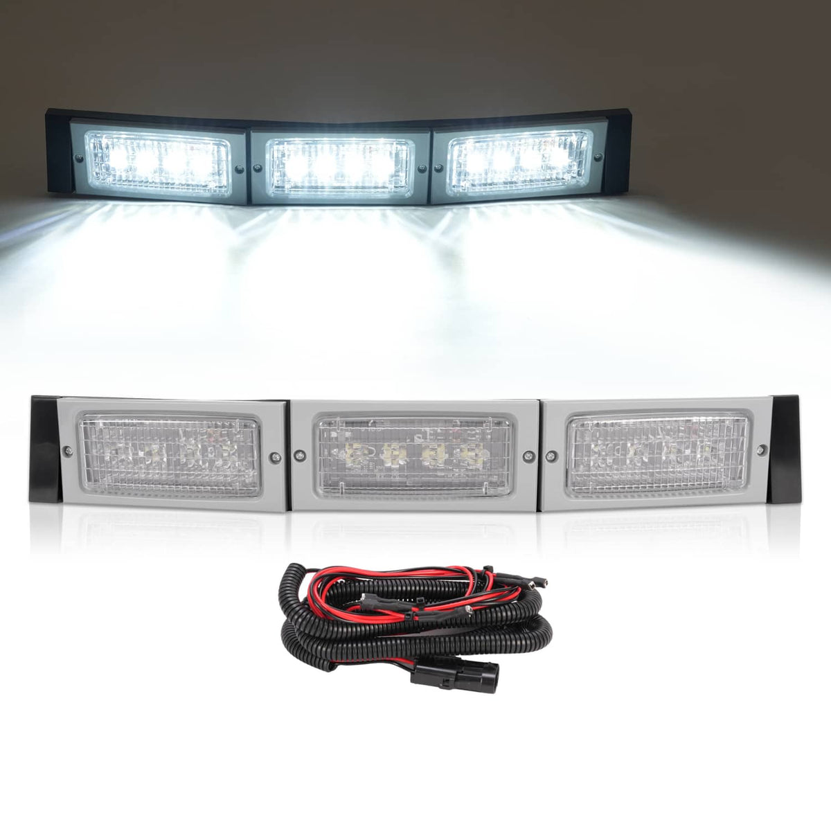 LED tractor light bar with three rectangular lamps, wiring harness included